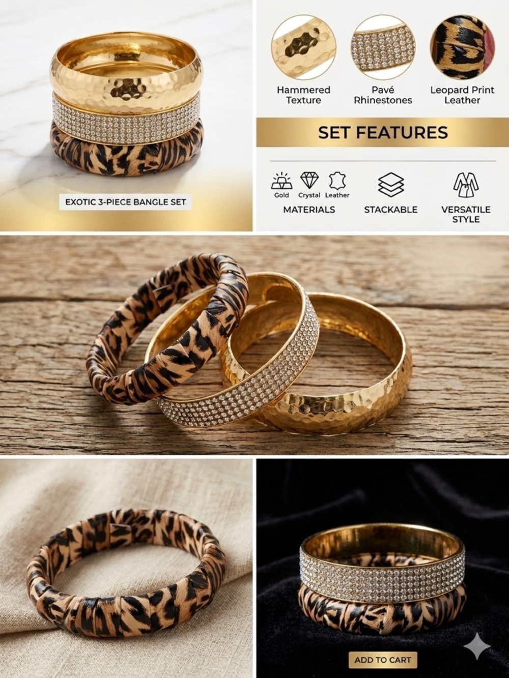 Gold Tone, Leopard & Bling 3-Bangle Bracelet Set